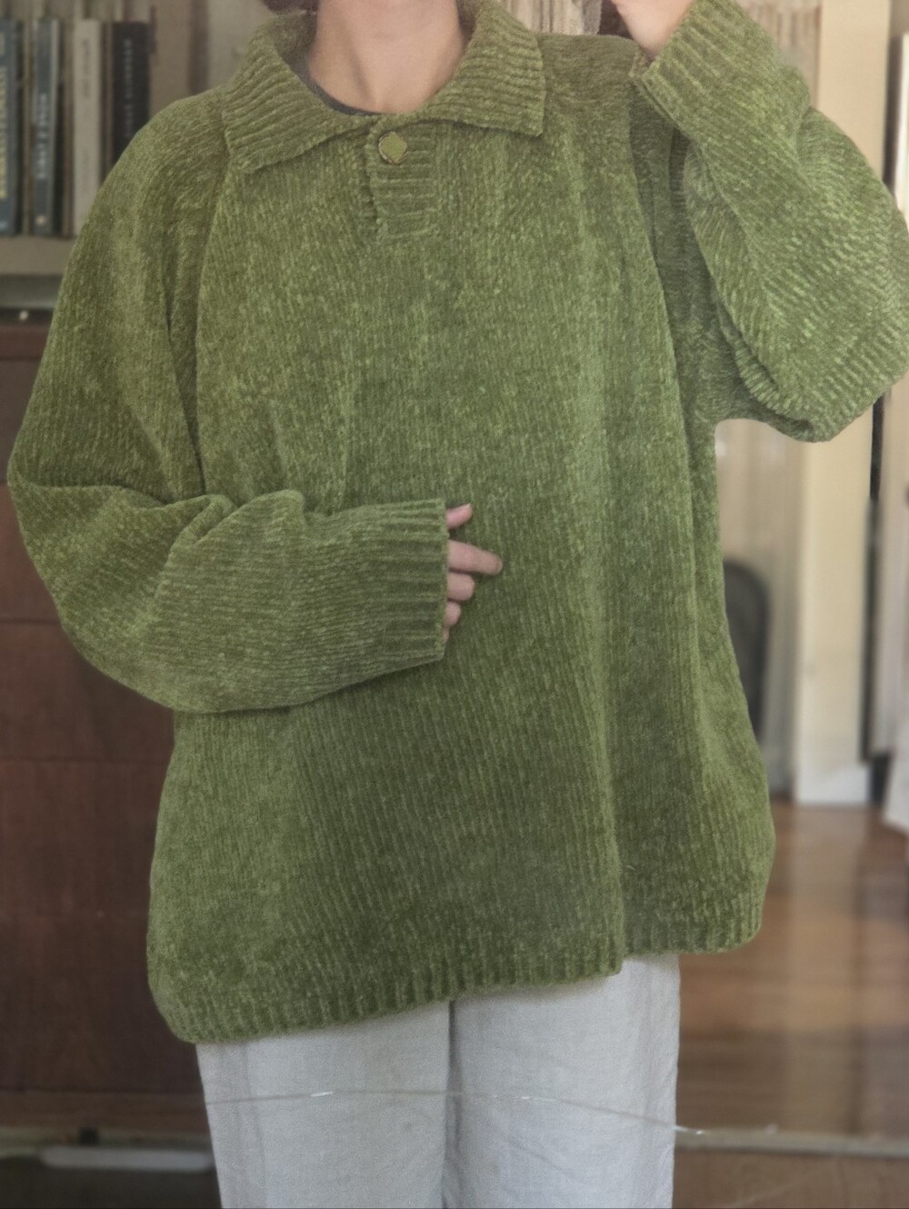 Stefano Ricci Olive Green Chenille Pullover Sweater with Button Collar